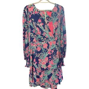NWT Lilly Pulitzer Floral Print Long Sleeve Dress, Navy Blue Pink, Size 10